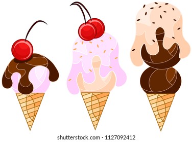bright ice cream in a waffle cup in 3 versions