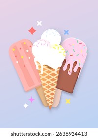 Bright ice creams on a gradient background