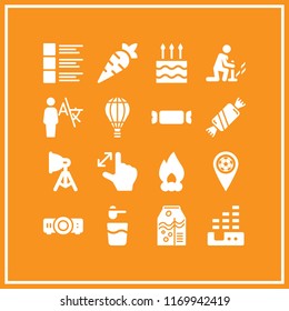 bright icon. 16 bright vector set. orange juice, candy, birthday cake and bonfire icons for web and design about bright theme
