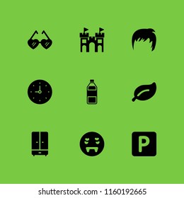 bright icon. 9 bright set with plant leaf with white details, water, cupboard and hair vector icons for web and mobile app