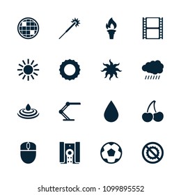 Bright icon. collection of 16 bright filled icons such as sun, sparklers, no brightness, movie tape, table lamp, camera, torch. editable bright icons for web and mobile.