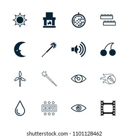 Bright icon. collection of 16 bright filled and outline icons such as cherry, sparklers, fireplace, sun, disco ball. editable bright icons for web and mobile.