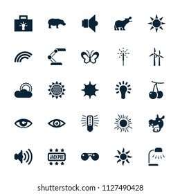 Bright icon. collection of 25 bright filled icons such as cherry, hippopotamus, sun, sparkler, volume, light bulb, lamp, eye. editable bright icons for web and mobile.