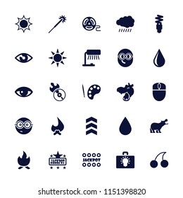 Bright icon. collection of 25 bright filled icons such as sun, hippopotamus, cherry, jackpot, sparklers, water drop, table lamp. editable bright icons for web and mobile.