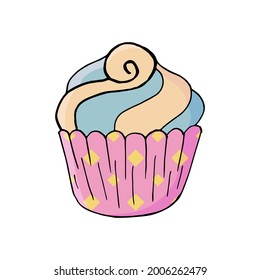 Bright icon of cupcake, muffin in hand draw style. Vector illustration for your design. Sweet pastries