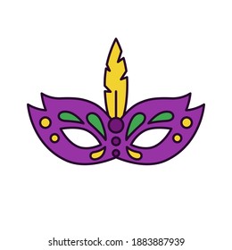 Bright icon of ornate venetian mask with feather and gems in traditional purple-green-yellow palette. Symbol of Mardi Gras or Fat Tuesday - vector pictogram