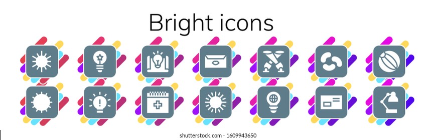 bright icon set. 14 filled bright icons.  Simple modern icons such as: Sun, Idea, Blood, Letter, Spotlight, Bulb, Jelly beans, Beach ball, Desk lamp