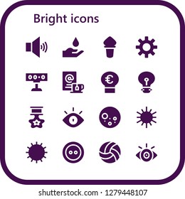  bright icon set. 16 filled bright icons. Simple modern icons about  - Volume, Blood, Torch, Sun, Spotlight, Wait, Idea, Star, Eye, Full moon, Button, Volleyball, View