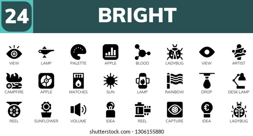 bright icon set. 24 filled bright icons.  Collection Of - View, Lamp, Palette, Apple, Blood, Ladybug, Artist, Campfire, Matches, Sun, Rainbow, Drop, Desk lamp, Reel, Sunflower