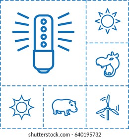 Bright icon. set of 6 bright outline icons such as hippopotamus, sun, mill