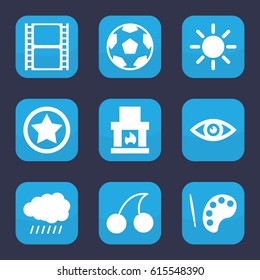Bright icon. set of 9 filled bright icons such as sun, Cherry, movie tape, eye, rank, palette