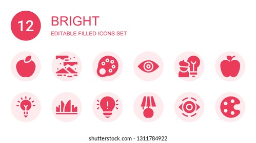 bright icon set. Collection of 12 filled bright icons included Apple, Aurora, Palette, Eye, Idea, Inspiration, Grass, Lamp