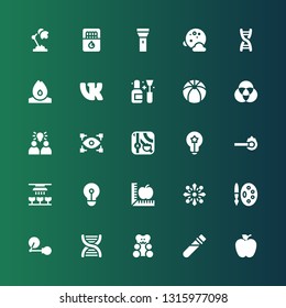 bright icon set. Collection of 25 filled bright icons included Apple, Elixir, Gummy bear, Dna, Lamp, Painting palette, Fireworks, Lightbulb, Light, Match, Idea, View, Palette