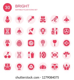 bright icon set. Collection of 30 filled bright icons included Potion, Inspiration, Fireworks, Gummy bear, Firework, Dna, Lamp, Light, Nail polish, Fire, Apple, Idea, Lollipop