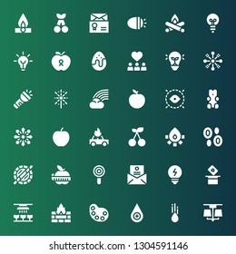bright icon set. Collection of 36 filled bright icons included Lamp, Raindrop, Blood drop, Palette, Fire, Light, Magic, Bulb, Letter, Lollipop, Apple, Holi, Blood, Cherry, Fireworks