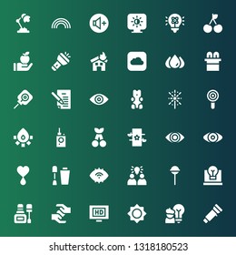 bright icon set. Collection of 36 filled bright icons included Flashlight, Idea, Brightness, Hd, Blood, Nail polish, Lollipop, Eye, Magic, Cherry, Bug detector, Fire, Fireworks