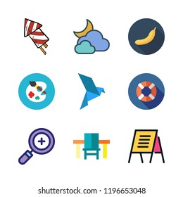 bright icon set. vector set about table, zoom in, cloudy and bananas icons set.