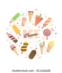 Bright icons for ice cream, simple design for the web. Ice cream in a round, Funny character. Cover for phone, notebook, notepad. Set of ice cream.