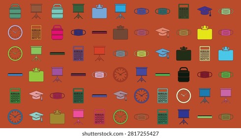 Bright icons of school and study items on a colorful background illustrating education, training, and knowledge sharing in digital or print formats