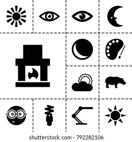 Bright icons. set of 13 editable filled bright icons such as hippopotamus, sphere, nerd emoji, fireplace, eye, sun, table lamp, fluorescent lamp