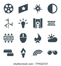 Bright icons. set of 16 editable filled bright icons such as movie tape, bonfire, explode, bulb, mouse, camera, brightness, mill, torch, rainbow, sunglasses, sun cloud, rank
