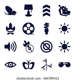 bright icons set. Set of 16 bright filled icons such as sun, butterfly, hippopotamus, no brightness, movie tape, disc flame, volume, fluorescent lamp, eye, mill, sunglasses