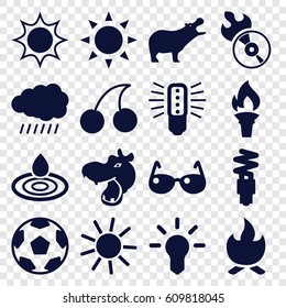 Bright icons set. set of 16 bright filled icons such as sun, hippopotamus, water drop, Cherry, disc flame, fluorescent lamp, torch, sunglasses, bonfire, bulb