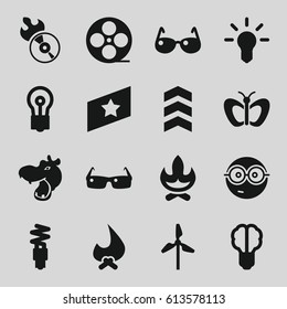 Bright icons set. set of 16 bright filled icons such as hippopotamus, butterfly, bulb, nerd emoji, movie tape, disc flame, fluorescent lamp, sunglasses, rank, brain bulb, mill