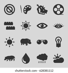 Bright icons set. set of 16 bright filled icons such as sun, hippopotamus, child building kit, eye, bulb, no brightness, movie tape, drop, sunglasses, sun cloud