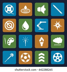 Bright icons set. set of 16 bright filled icons such as sun, water drop, sparklers, no brightness, film tape, musical pipe, table lamp, sparkler, drop, lamp, torch, rank