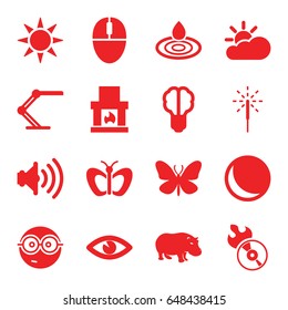 Bright icons set. set of 16 bright filled icons such as butterfly, hippopotamus, water drop, nerd emoji, eye, disc flame, table lamp, mouse, sparkler, volume, sun, sun cloud
