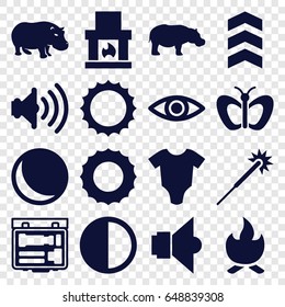 Bright icons set. set of 16 bright filled icons such as hippopotamus, baby onesie, butterfly, sparklers, sun, volume, camera, brightness, eye, lamp, bonfire, rank, sphere