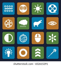 Bright icons set. set of 16 bright filled icons such as sun, hippopotamus, jackpot, sparklers, nerd emoji, movie tape, disco ball, brightness, eye, light bulb, rank
