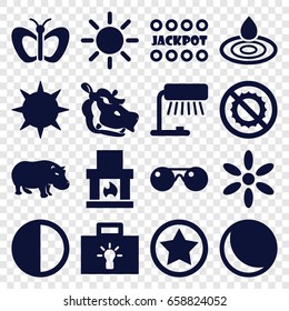 Bright icons set. set of 16 bright filled icons such as hippopotamus, butterfly, sun, water drop, jackpot, no brightness, brightness, sunglasses, rank, bulb, table lamp