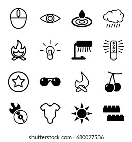 Bright icons set. set of 16 bright filled and outline icons such as cherry, child building kit, water drop, disc flame, sunglasses, sun, baby onesie, mouse, eye, bonfire, rank