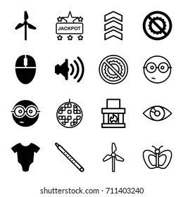 Bright icons set. set of 16 bright filled and outline icons such as baby onesie, nerd emoji, no brightness, volume, mill, butterfly, jackpot, musical pipe, disco ball, rank