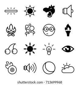 Bright icons set. set of 16 bright filled and outline icons such as hippopotamus, torch, sun, eye, cherry, disc flame, volume, camera, lamp, sun cloud, blood, nerd emoji