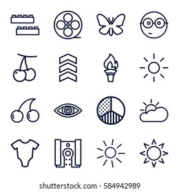 bright icons set. Set of 16 bright outline icons such as butterfly, sun, cherry, baby onesie, child building kit, Cherry, movie tape, camera, brightness, eye, sun cloud, rank