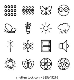 Bright icons set. set of 16 bright outline icons such as butterfly, sun, Jackpot, movie tape, sparkler, drop, fluorescent lamp, lamp