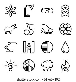 Bright icons set. set of 16 bright outline icons such as hippopotamus, butterfly, sun, cherry, water drop, movie tape, table lamp, camera, brightness, sunglasses, rank
