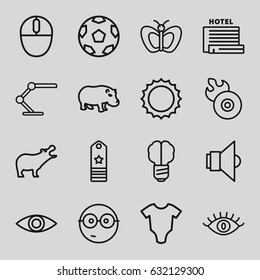 Bright icons set. set of 16 bright outline icons such as hippopotamus, baby onesie, butterfly, eye, disc flame, table lamp, mouse, sun, lamp, rank, nerd emoji, brain bulb