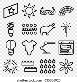 Bright icons set. set of 16 bright outline icons such as hippopotamus, sun, baby onesie, child building kit, jackpot, table lamp, sparkler, camera, drop, fluorescent lamp