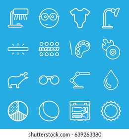 Bright icons set. set of 16 bright outline icons such as hippopotamus, baby onesie, jackpot, disc flame, table lamp, sun, camera, brightness, drop, sunglasses, nerd emoji