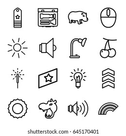 Bright icons set. set of 16 bright outline icons such as hippopotamus, cherry, sun, table lamp, mouse, sparkler, volume, camera, light bulb, lamp, rank