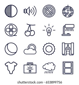 Bright icons set. set of 16 bright outline icons such as sun, cherry, baby onesie, no brightness, movie tape, volume, disco ball, camera, brightness, table lamp, sphere