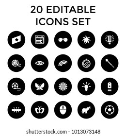 Bright icons. set of 20 editable filled bright icons such as sunflower, butterfly, bulb, mouse, disco ball, camera, eye, rainbow. best quality bright elements in trendy style.