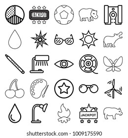 Bright icons. set of 25 editable outline bright icons such as jackpot, water drop, table lamp, sun, explode, film tape, musical pipe, camera, brightness, eye, mill, sunglasses