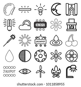 Bright icons. set of 25 editable outline bright icons such as sun, water drop, jackpot, sparklers, movie tape, bonfire, fireplace, bulb, mill, camera, brightness, eye, cherry