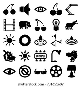 Bright icons. set of 25 editable filled bright icons such as hippopotamus, water drop, sun, cherry, bulb, table lamp, movie tape, eye, no brightness, lamp, mill, sunglasses