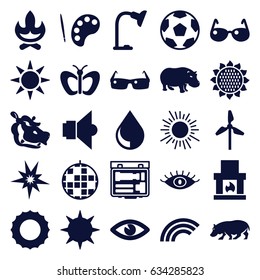 Bright icons set. set of 25 bright filled icons such as sunflower, hippopotamus, butterfly, eye, table lamp, camera, drop, lamp, sunglasses, sun, rainbow, mill, explode